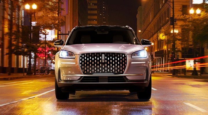 The striking grille of a 2024 Lincoln Corsair® SUV is shown. | Buss Lincoln in McHenry IL