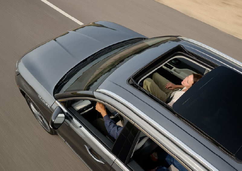The available panoramic Vista Roof® of a 2027 Lincoln Aviator® SUV is open. | Buss Lincoln in McHenry IL